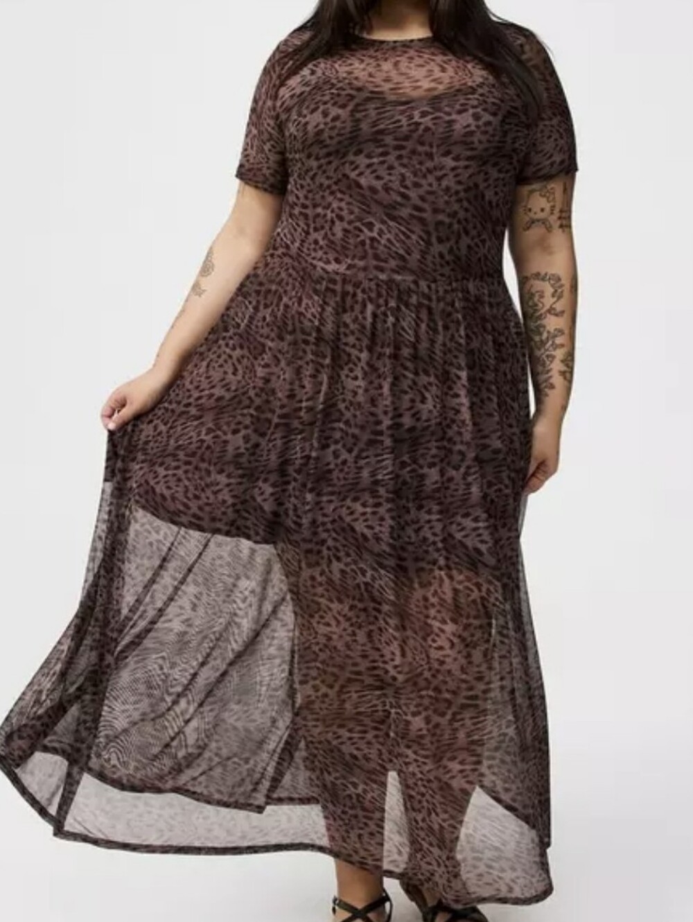 Brown Leopard Sheer T-shirt Dress, Size 1x, Torrid Sheer Tea Mesh